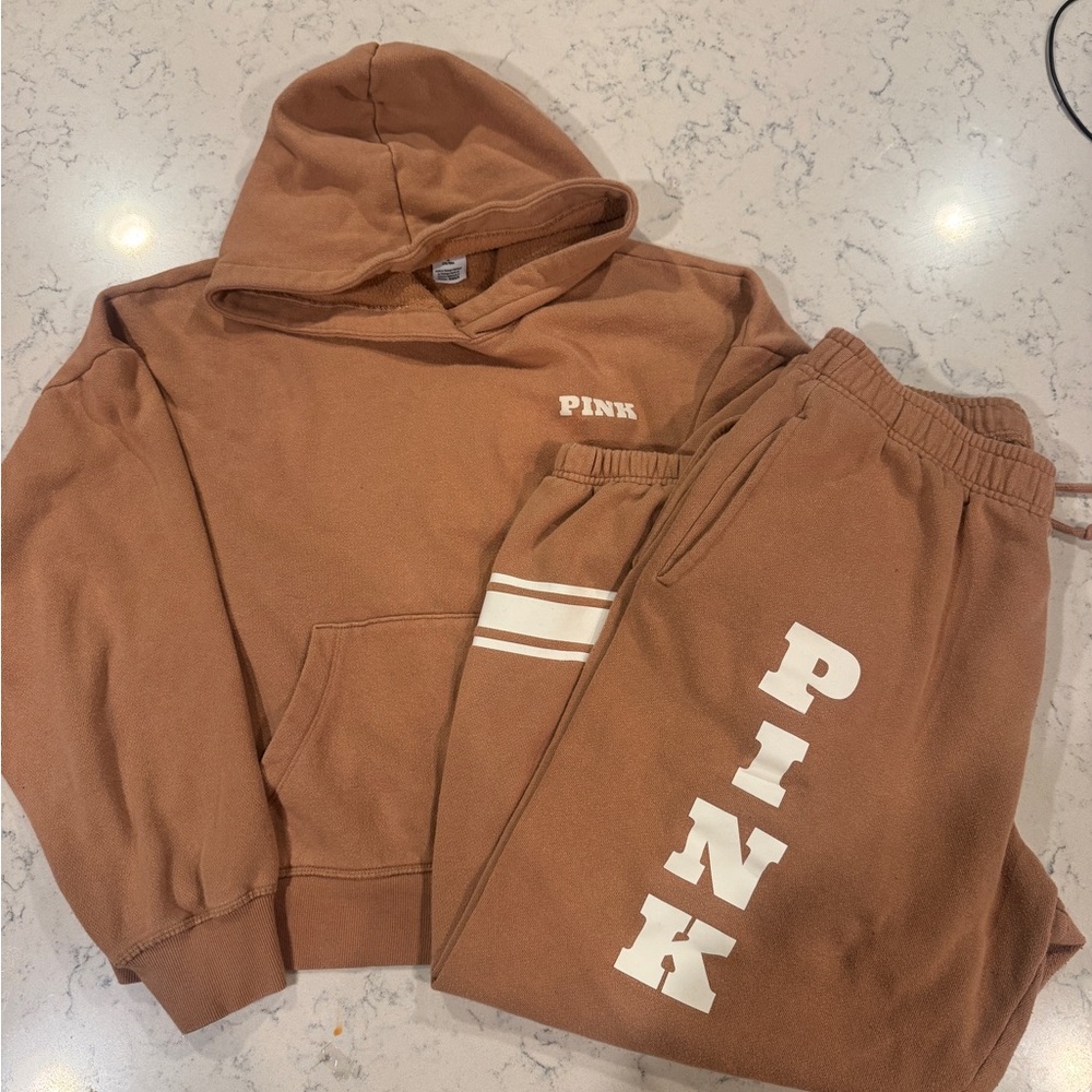 PINK Victoria's Secret Taupe Brown Logo Hoodie & Joggers Set